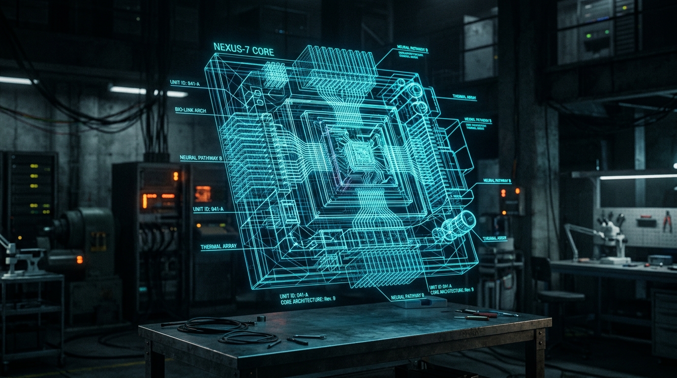 Glowing holographic processor schematic core diagram