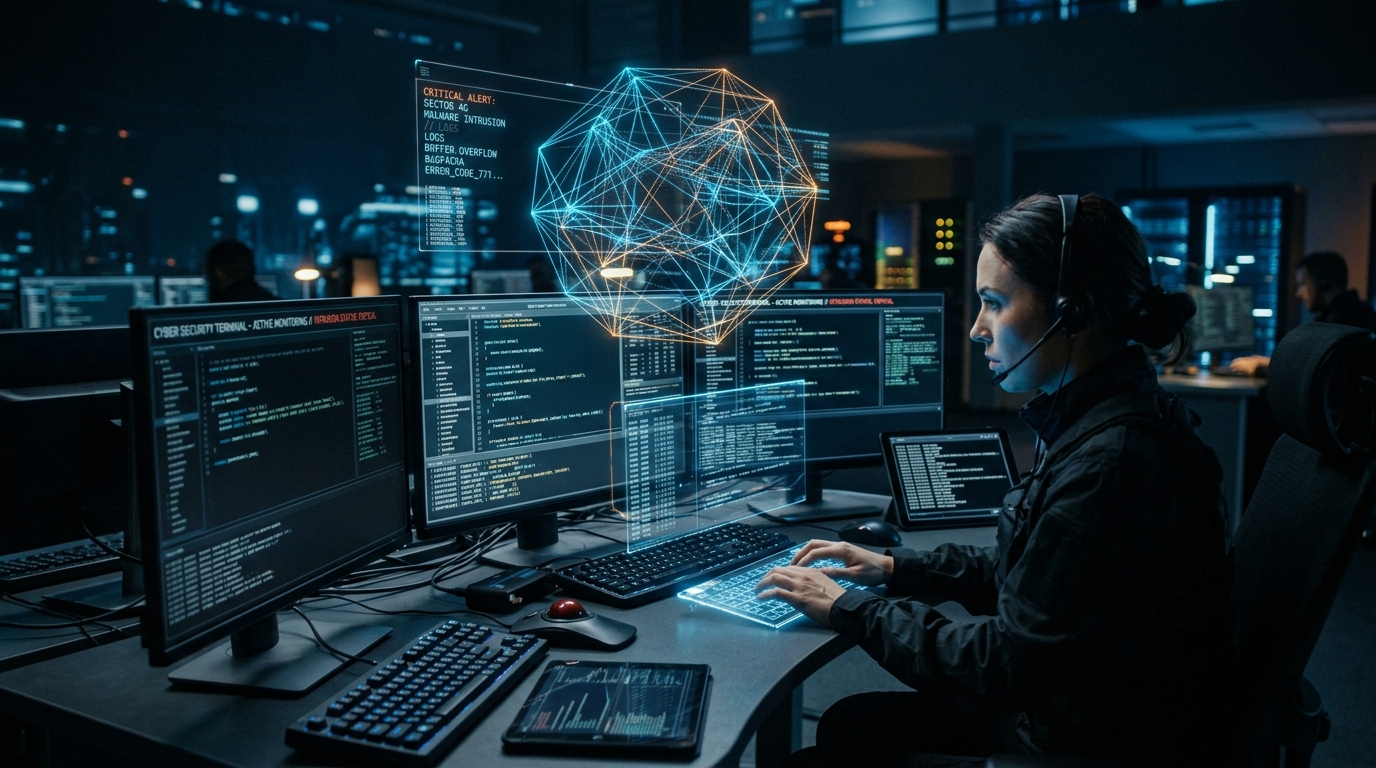 Developer console showing cyber security terminal screens