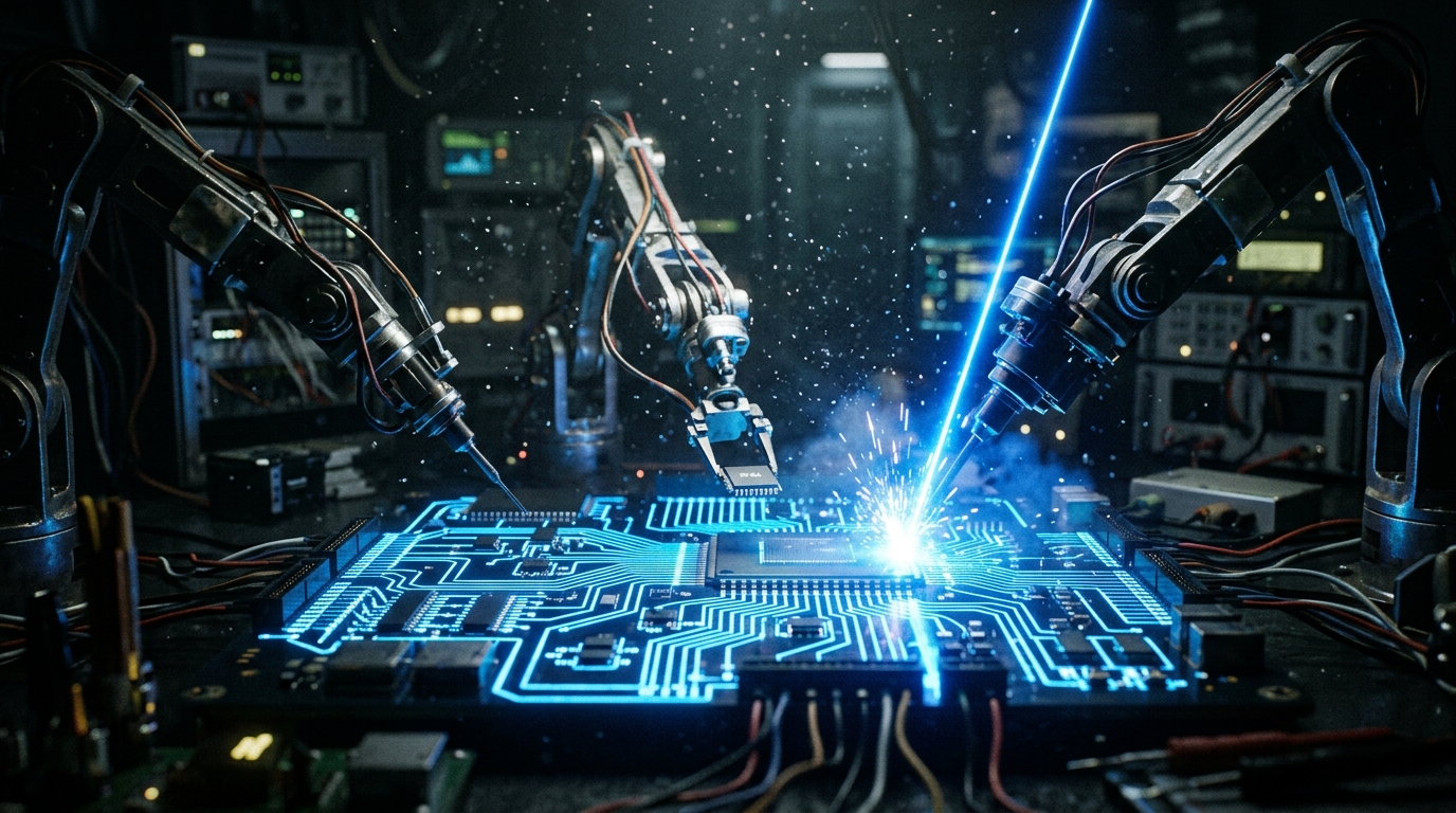 Robotic microchip manufacturer soldering circuitry with blue laser beams
