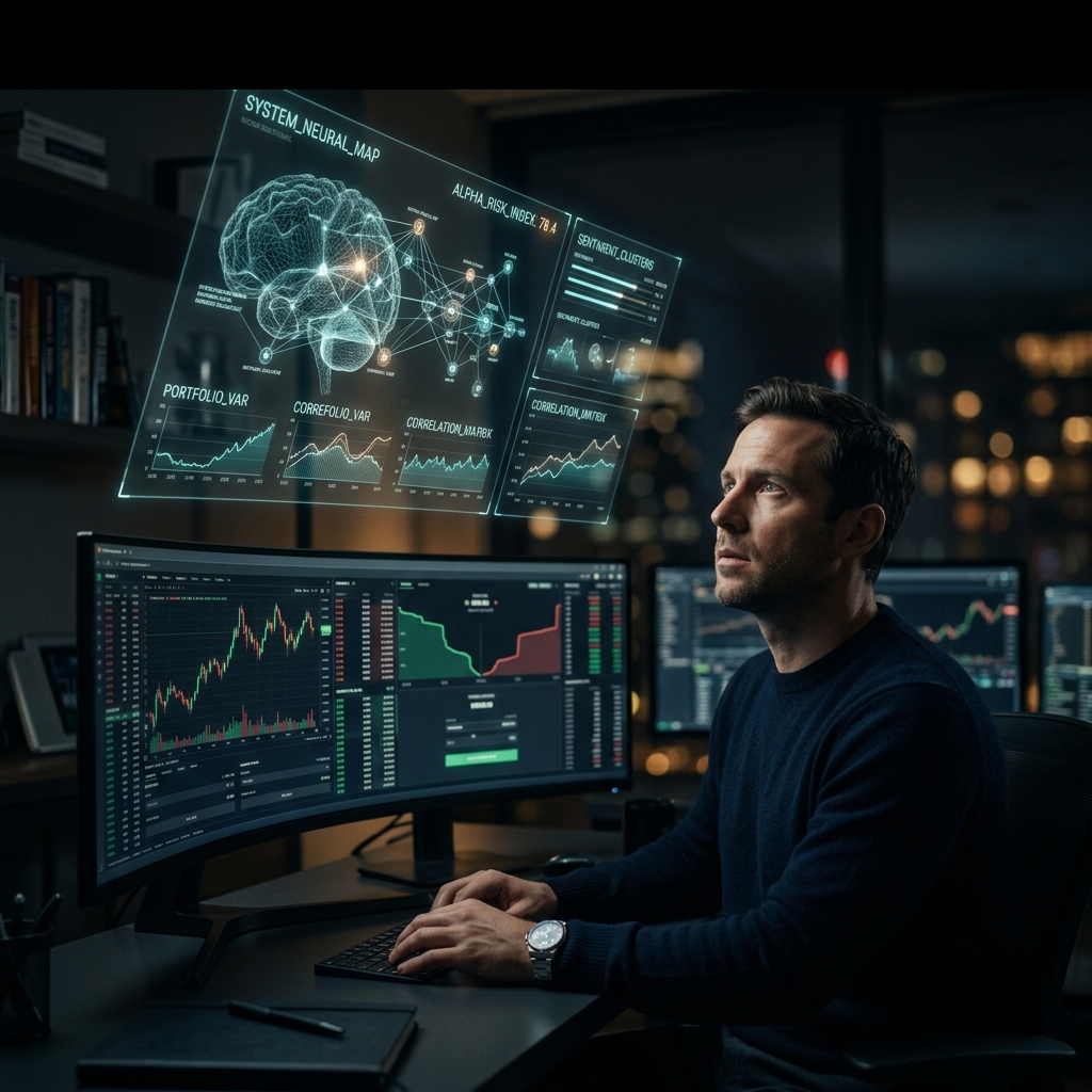 Darkened trader office showing glowing holographic neural brain overlay